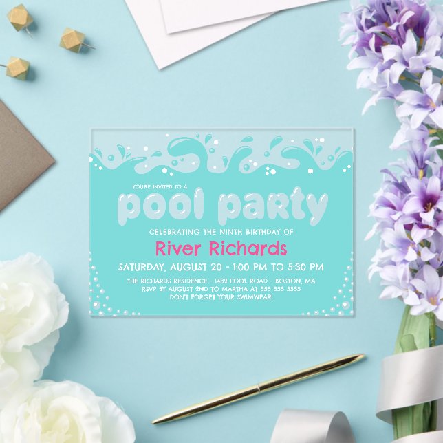 Turquoise Water Splashes Girl Birthday Pool Party Acrylic Invitations (Insitu (Wedding))