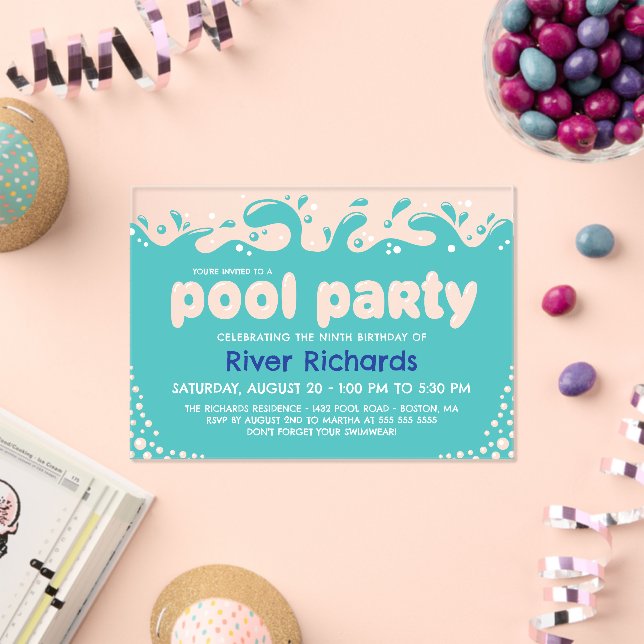 Turquoise Water Splashes Kids Birthday Pool Party Acrylic Invitations (Insitu (Celebration))
