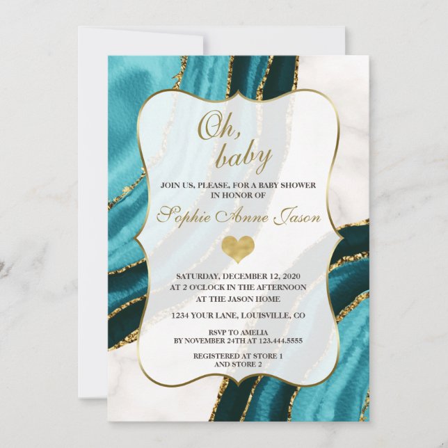Turquoise Watercolor Agate Gold Baby Shower Invitation (Front)