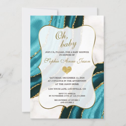 Turquoise Watercolor Agate Gold Baby Shower Invitation
