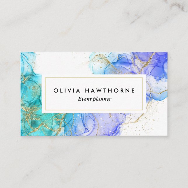 Turquoise Watercolor and Gold  Business Card (Front)