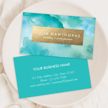 Turquoise Watercolor And Gold Faux Foil Business Card by JAmberDesign at Zazzle
