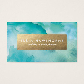 Turquoise Watercolor and Gold Faux Foil Business Card