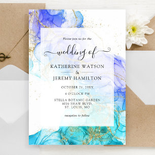 Turquoise Watercolor and Gold wedding Invitation