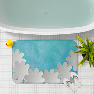 Turquoise Watercolor and White Flowers Bath Mat