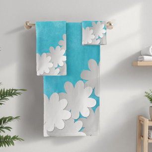 Turquoise Watercolor and White Flowers Bath Towel Set