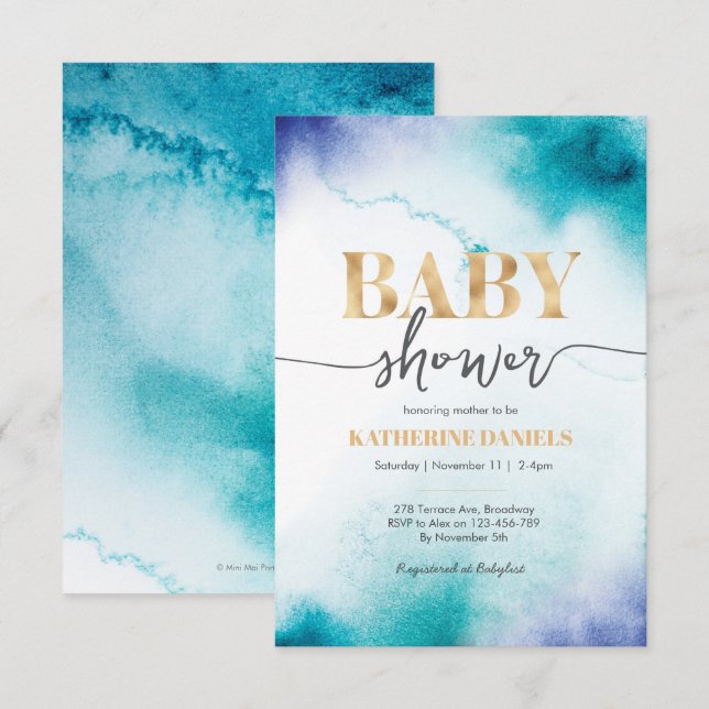 Turquoise Watercolor Baby Shower Invitation (Front/Back)