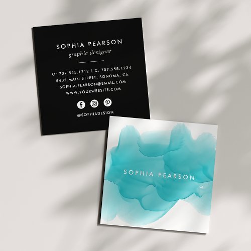 Turquoise Watercolor Blot  Social Media Square Business Card