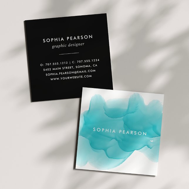 Turquoise Watercolor Blot Square Business Card (Creator Uploaded)