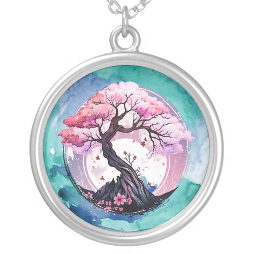 Turquoise Watercolor Circle Cherry Blossom Tree Silver Plated Necklace