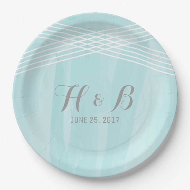 Turquoise Watercolor Deco Wedding Paper Plates (Front)