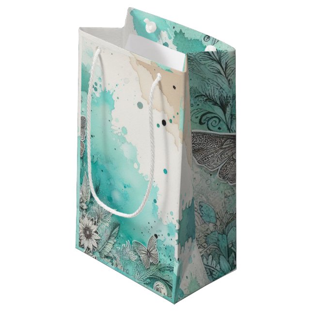 Turquoise Watercolor Ephemera Small Gift Bag (Front Angled)