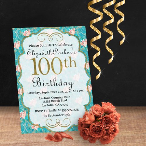 Turquoise Watercolor Floral 100th Birthday  Invitation