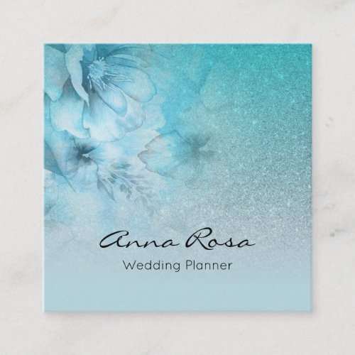  Turquoise Watercolor Floral Glitter Celestial Square Business Card