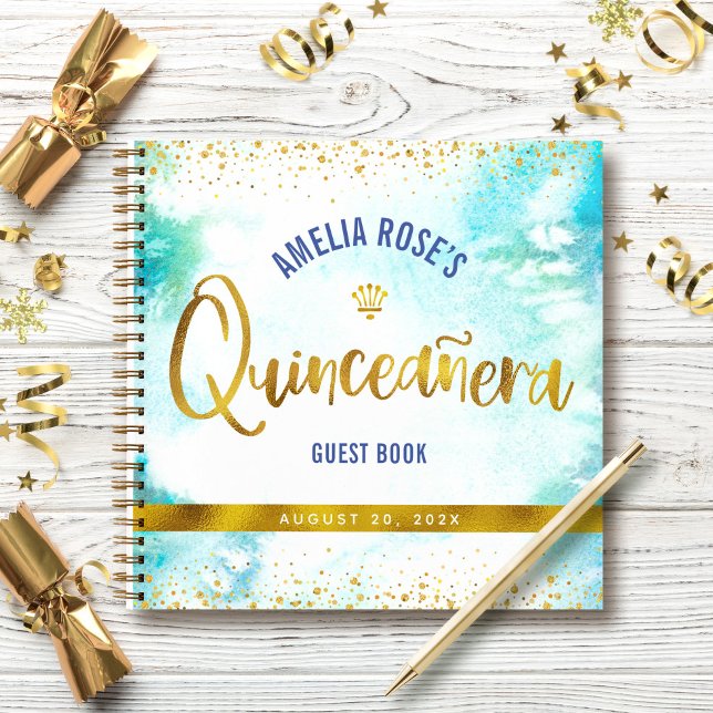 Turquoise Watercolor Gold Quinceañera Guest Book (Creator Uploaded)