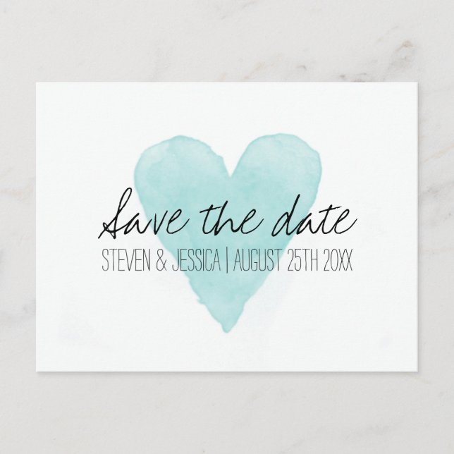 Turquoise watercolor heart save the date postcards (Front)