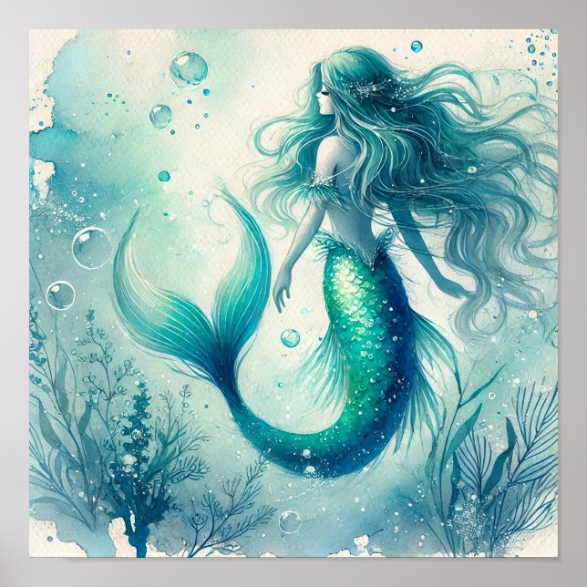 Turquoise Watercolor Mermaid Wall Art Posters (Front)