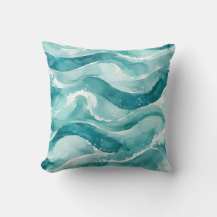 Turquoise Watercolor Ocean Abstract Waves Throw Pillow