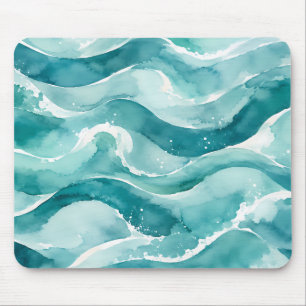 Turquoise Watercolor Ocean Waves Abstract Mouse Pad