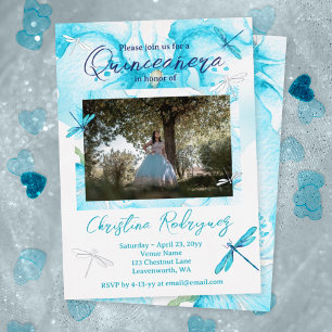 Turquoise Watercolor Orchid, Dragonfly Quinceanera Foil Invitation