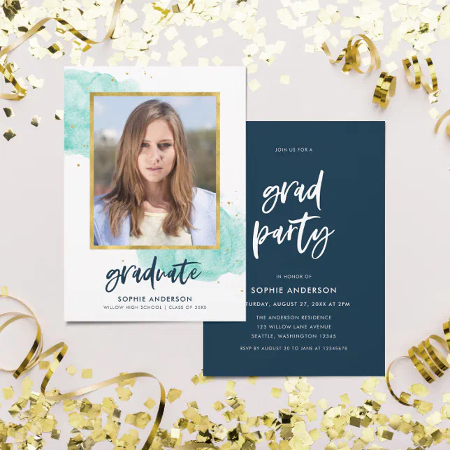 Turquoise Watercolor Photo Graduate Grad Party Invitation | Zazzle