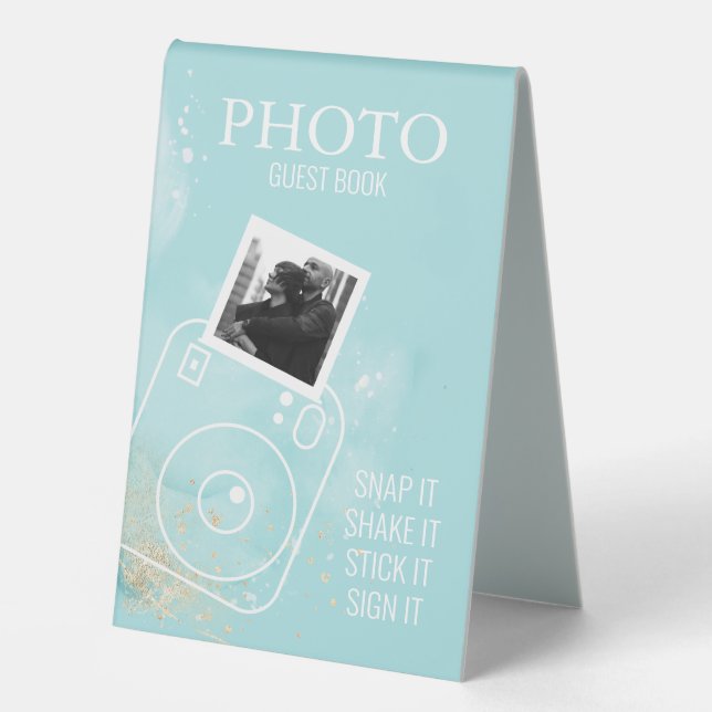 Turquoise Watercolor Photo Guest Book  Table Tent  (Front)