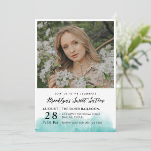 Turquoise Watercolor Photo Sweet 16 Invitation