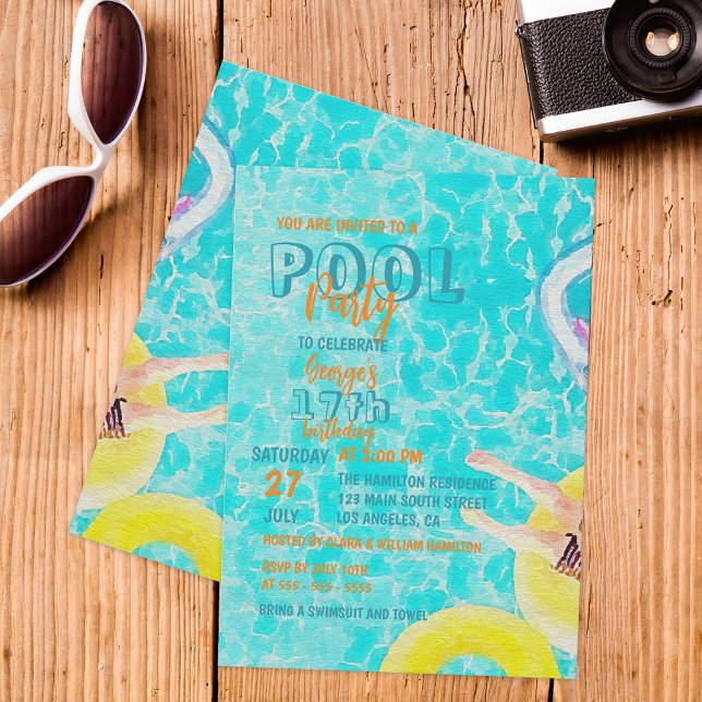 Turquoise Watercolor Pool Party Teen Birthday Invitation (Creator Uploaded)