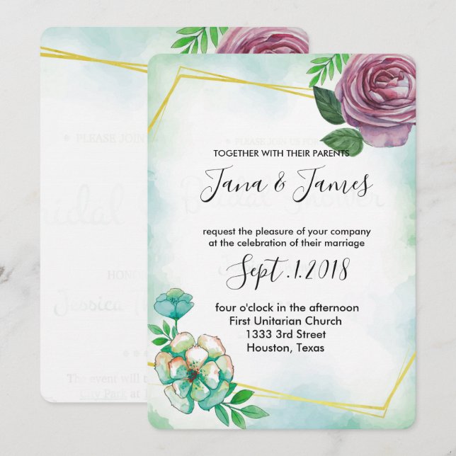 Turquoise  Watercolor& Purple floral wedding Invitation (Front/Back)