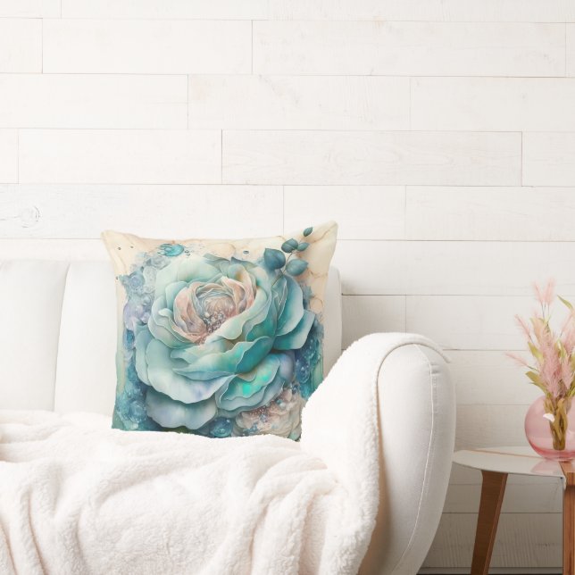 Turquoise Watercolor Rose Enlarged Throw Pillow (Couch)