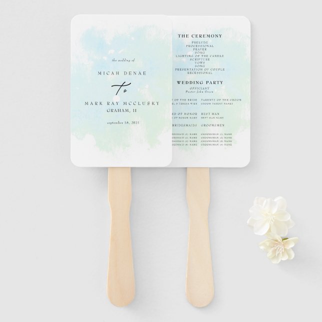 Turquoise Watercolor Splash Wedding Program Hand F Fan (Front and Back)