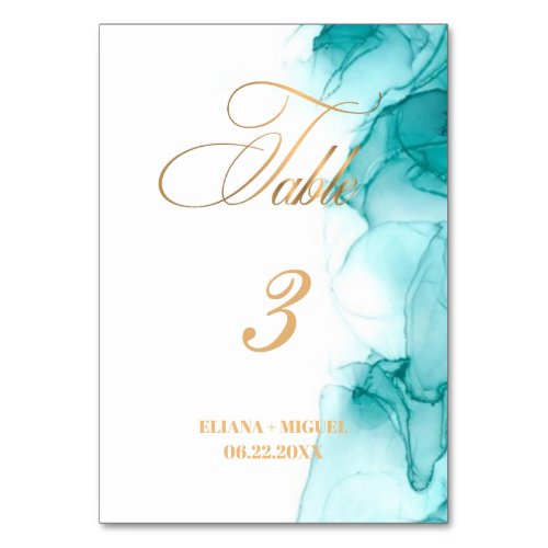 Turquoise Watercolor teal gold  elegant wedding  Table Number