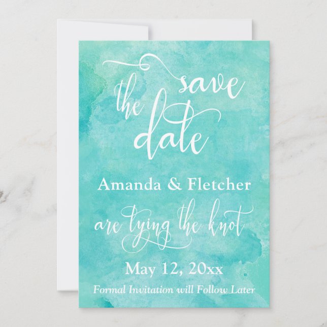 Turquoise Watercolor Typography Save the Date (Front)