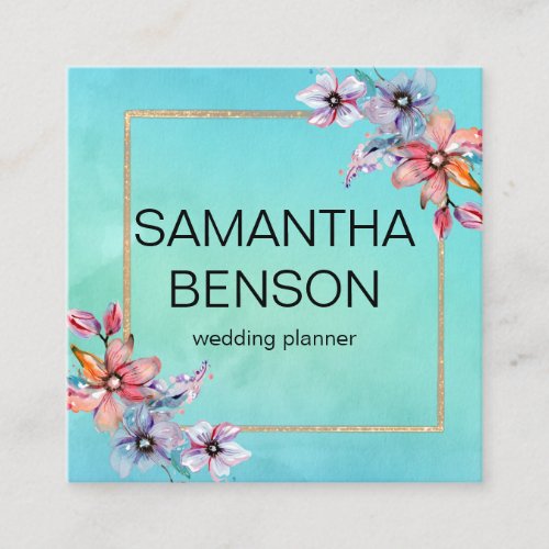 Turquoise Watercolor Wedding Planner Square Busine Square Business Card