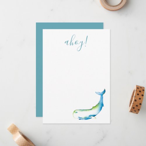 Turquoise Watercolor Whale Stationery Note Card