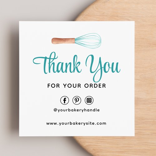 Turquoise Watercolor Whisk Bakery QR Thank You  Square Business Card
