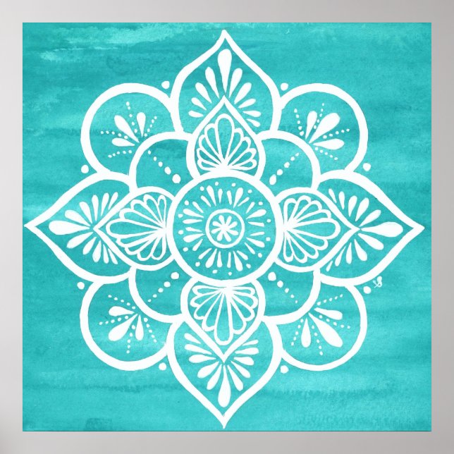 Turquoise Watercolor White Mandala Poster (Front)