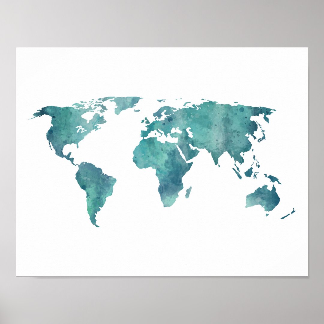 Turquoise Watercolor World Map Poster | Zazzle