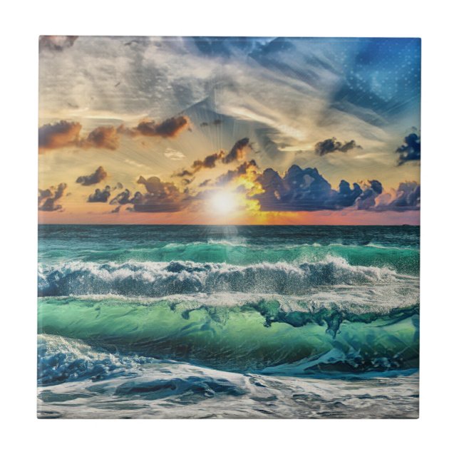 Turquoise Waves At Sunset Ceramic Tile (Front)