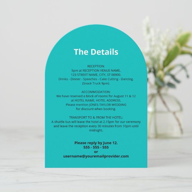 Turquoise Wedding Details Card (Standing Front)