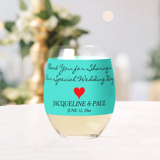 Turquoise Wedding Favors Monogram Red Heart Stemless Wine Glass (Insitu (Wedding))