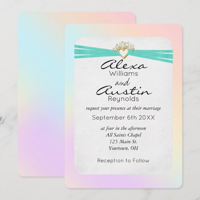 Turquoise Wedding Ribbon in Gold Heart Invitation (Front/Back)