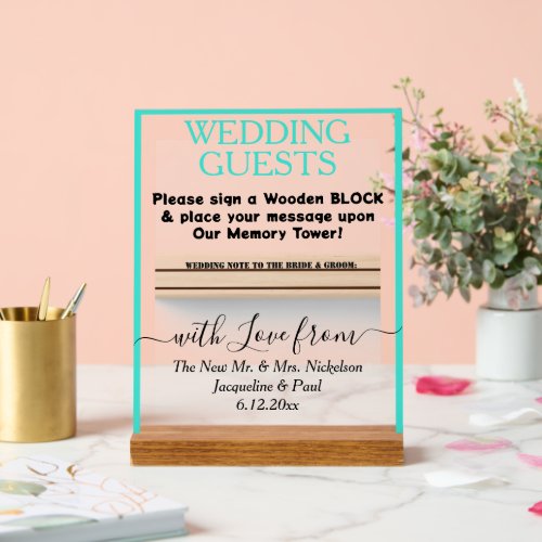 Turquoise Wedding Wooden Block Guest Book  Acrylic Sign