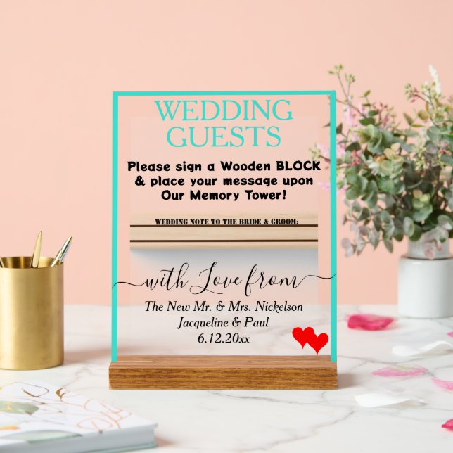 Turquoise Wedding Wooden Block Guest Book Hearts Acrylic Sign (Wedding)