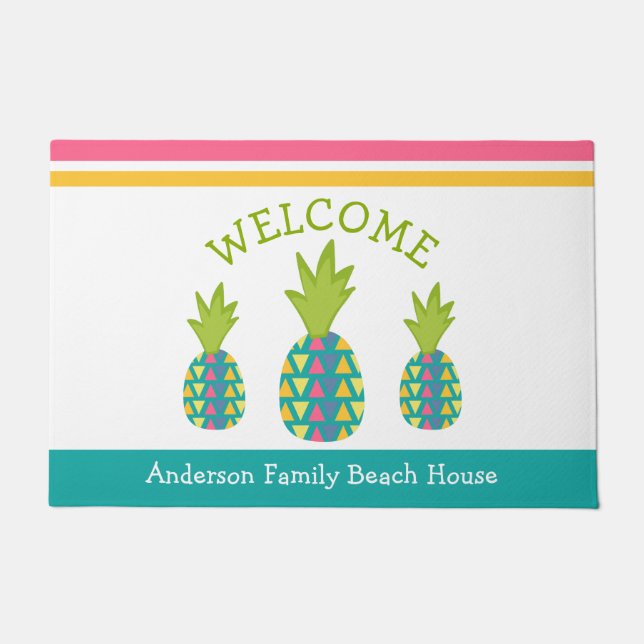 Turquoise Welcome 3 Tropical Pineapple Beach House Doormat (Front)