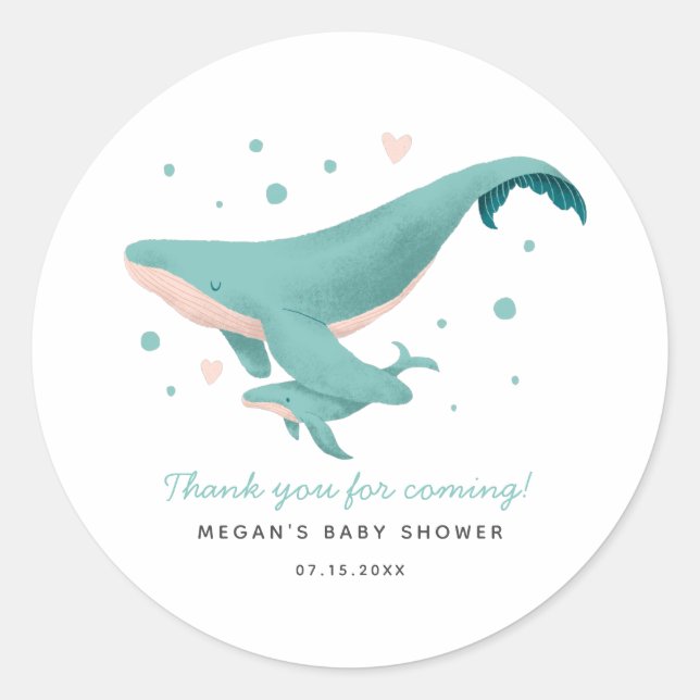Turquoise Whale Baby Shower Favor Classic Round Sticker (Front)