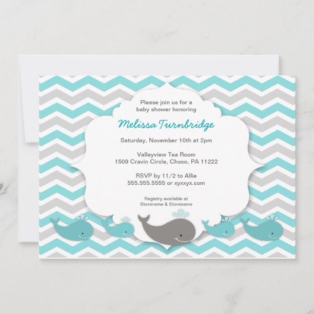 Turquoise whales baby shower birthday party invite (Front)