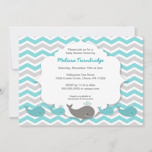 Turquoise whales baby shower birthday party invite