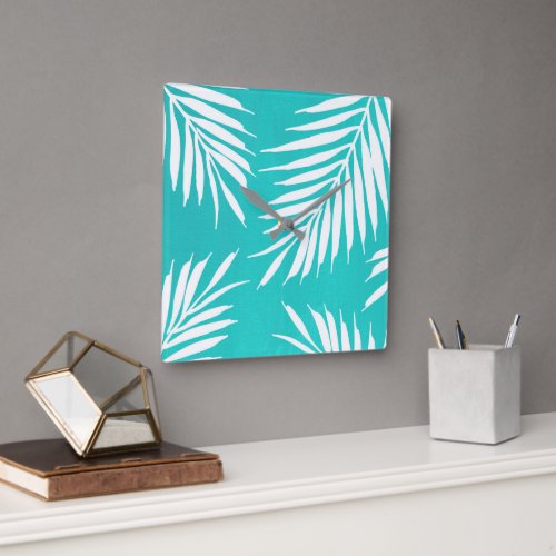 Turquoise White Acrylic Palm Leaves  Square Wall Clock