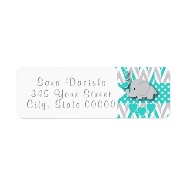 Turquoise, White and Gray Elephant Baby Shower 2 Label (Front)